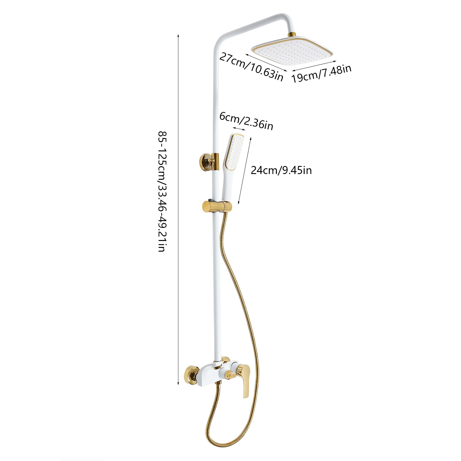 Sistema doccia con soffione e doccetta, set completo, asta doccia regolabile in altezza 85-125 cm, sistema doccia bianco oro, 3 uscite dell'acqua con attacco G1/2, per bagno