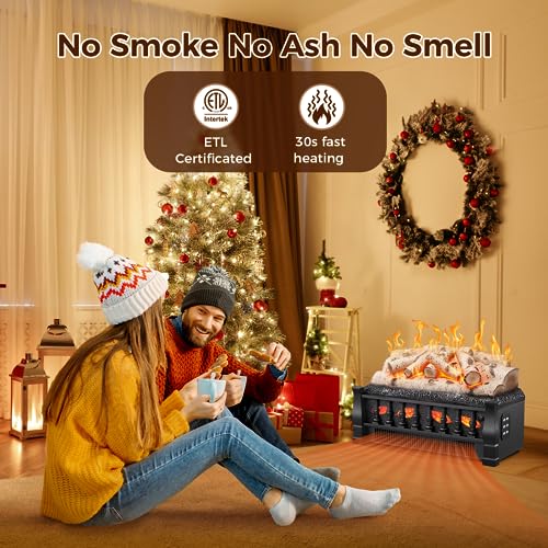 Joy Pebble Electric Fireplace Insert Log Heater 21",750W/1500W Adjustable 5 Flame Brightness,5 Speed Mode,Fireplace Insert with Realistic Ember Bed and Whitish Gray Log,Remote Control
