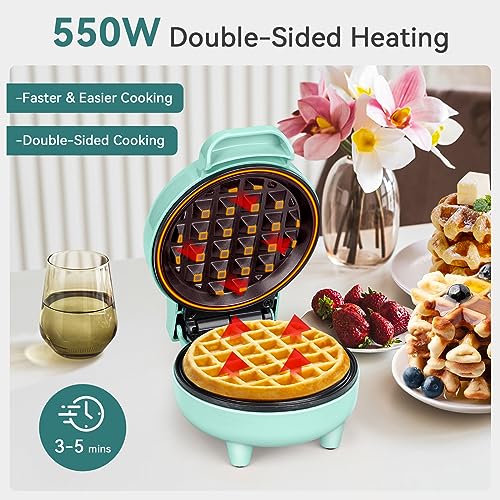 SNAILAR Piastra per Waffle, Mini Macchina per Waffle, 550W Waffle Maker con Rivestimento Antiaderente, Temperatura Automatica, Design Compatto, Verde - immagine 3
