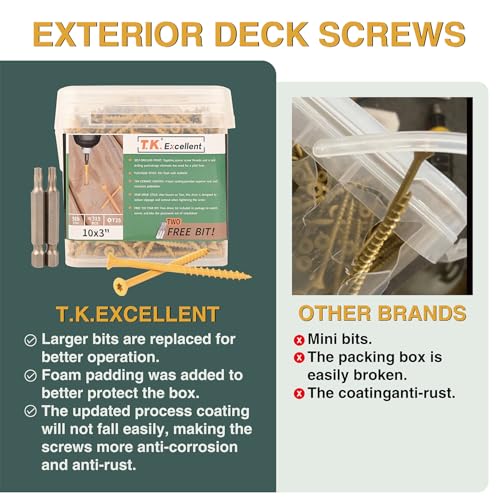 Image of T.K.Excellent Deck Screws 3 Inch Wood Screws #10 x 3, 315 Pcs, Rust Resistant Structural Screws Tan Exterior Fence Screws Torx Drive Screw, Two T25 Bits, Brilliant Yellow Ruspert Coating Rust Proof