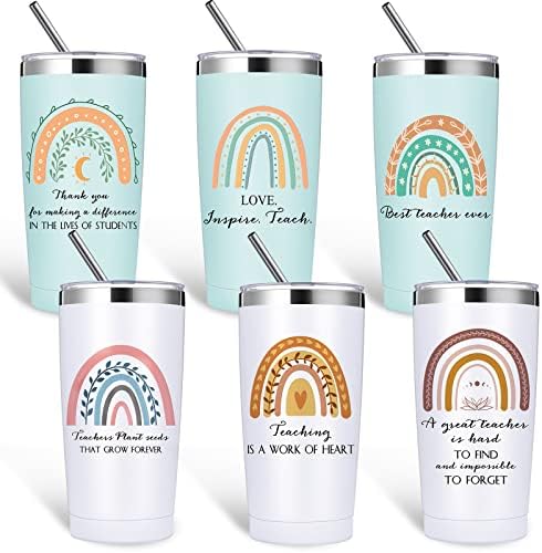6 Pcs Teacher Appreciation Gifts Tumblers 20oz Rainbow Teacher Tumbler Cup Stainless Steel Insulated Tumblers Set Thank You Tumbler Mug Teacher Graduation Gifts Retirement Gifts for Teachers