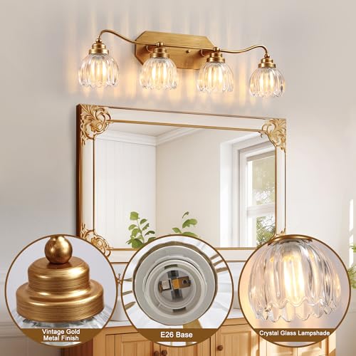 Image of Vintage Bathroom Light Fixtures, 4 Light Gold Bathroom Vanity Light, Matte Antique Brass Finish with Crystal Glass Shade, Wall Sconces Lighting for Bedroom, Living Room, Hallway