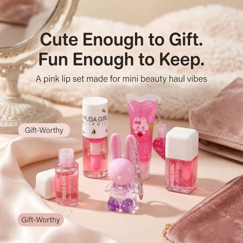 Image of Korean Lip Gloss Set of 4 in Tinted Pink | Rabbit Keychain, 2in1 Tube, Liquid Oil and Swiss Tint Combo, Cute Daily Wear for Girls & Women