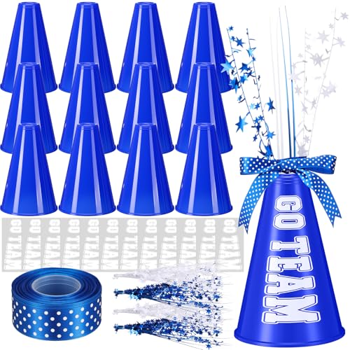 Rotatingpals 12 Pcs Blue Cheer Megaphone Bulk Plastic DIY Megaphone Party Accessory Cheerleading Centerpiece Decor for School Cheers Sports Match Game Outdoor Activities(Go Team Blue White)