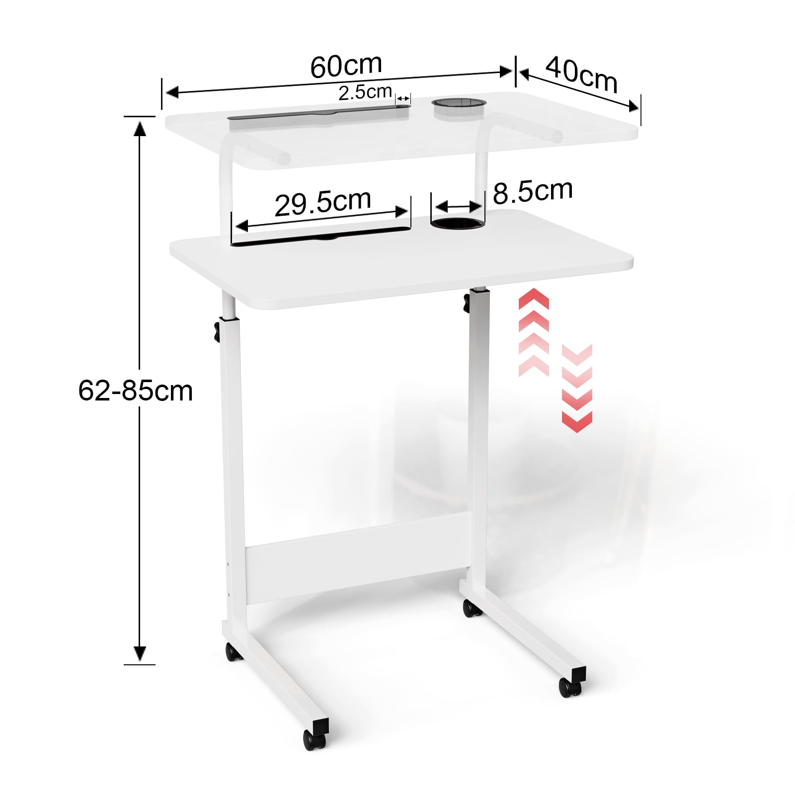60x40cm Tavolo rotante per divano letto con slot per tappetino e portabicchieri, scrivania mobile regolabile in altezza 62-85cm, 4 scrivanie rotolanti con serratura, tavolino per camera , bianco