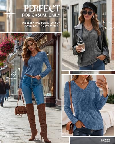 Ficerd 2 Pack Women V Neck Sweaters Long Sleeve Tunic Tops Lightweight Solid Color Casual Tunics Shirts2