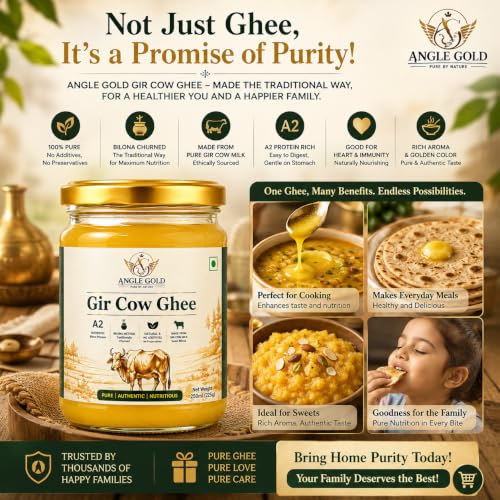 Image of ANGLE GOLD - a2 ORGANIC GHEE - SHREE FOOD Gir Cow a2 Ghee, Organic, Traditional Bilona Method, No Additives, 250ml