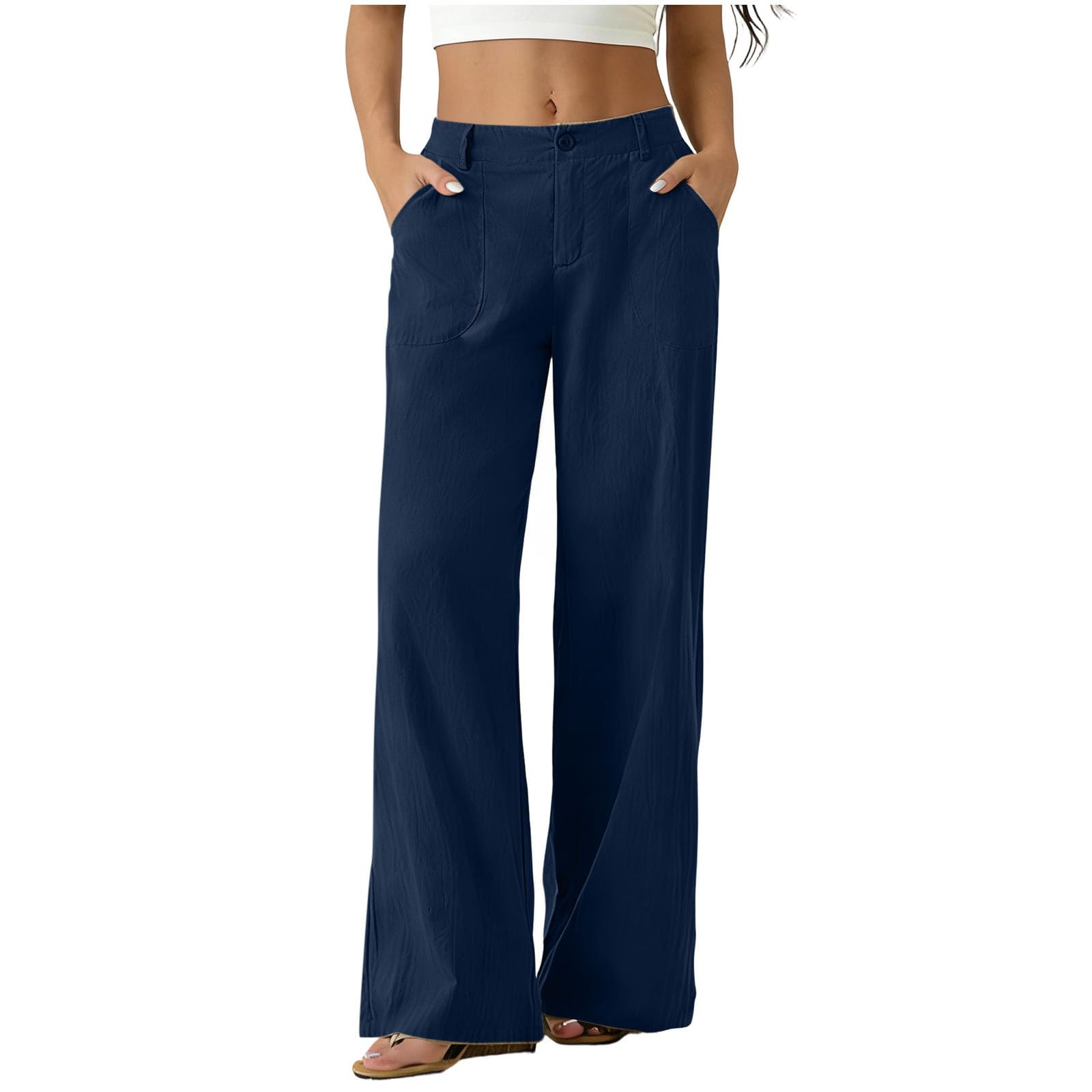 Pantaloni Donna Estivi in Cotone e Lino Eleganti Elastico Vita Alta Pantaloni Lino Donna Larghi Curvy Leggeri e Comodi a Gamba Larga Casual Yoga Pantalone Gamba Dritta con Tasche per Business Ufficio