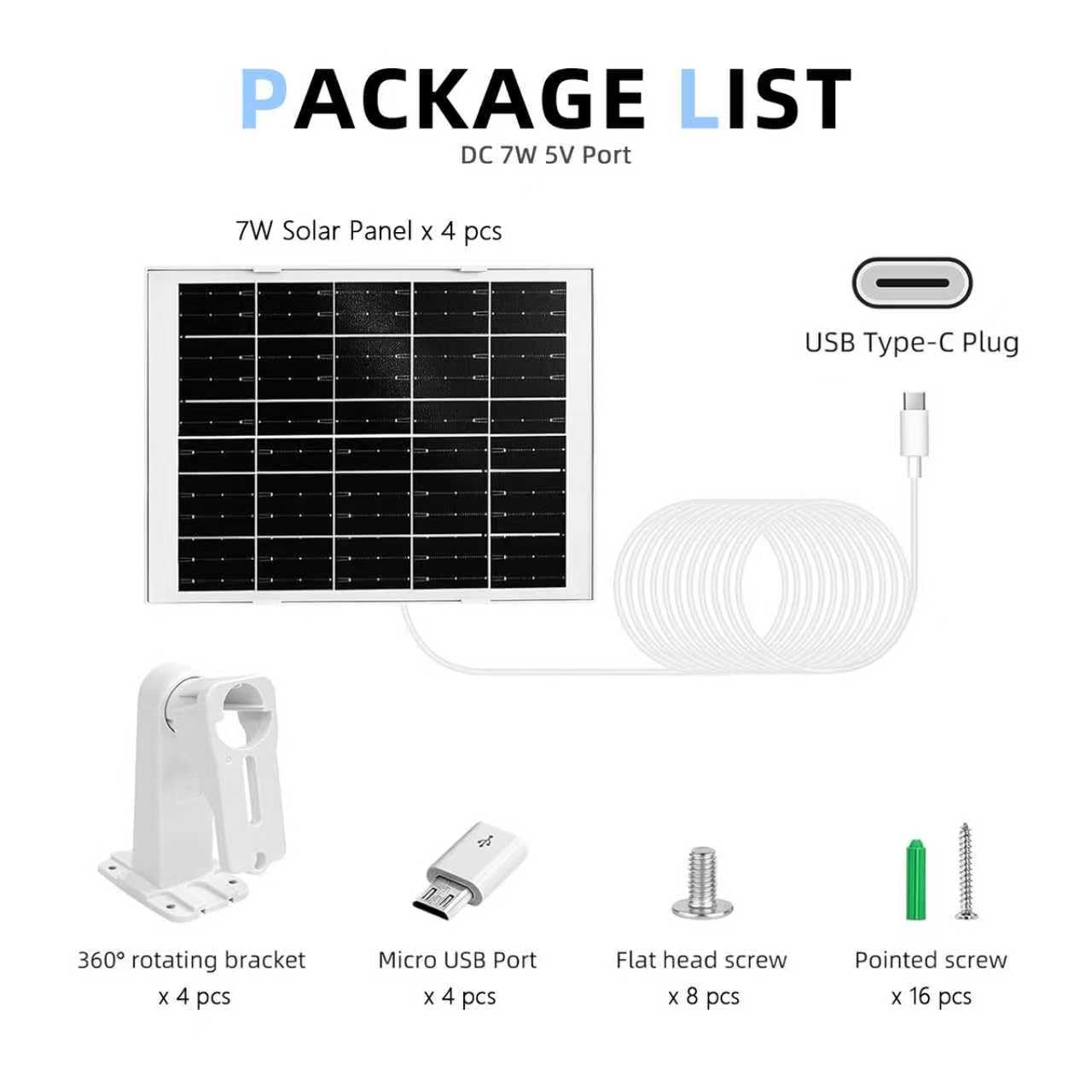 Lot de 4 panneaux solaires 7 W pour caméra de sécurité pour caméra de sécurité extérieure à batterie rechargeable CC 5 V, support de sécurité réglable à 360 ° – Câble micro USB et USB-C de 3 m