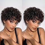 PangDongLai Pixie Cut Short Curly Human Hair Wigs for Black Women Short Layered Pixie Human Hair Wigs With Bangs Glueless Full Machine Made Wigs Brazilian Curly Human Hair Wig Natural Black Color