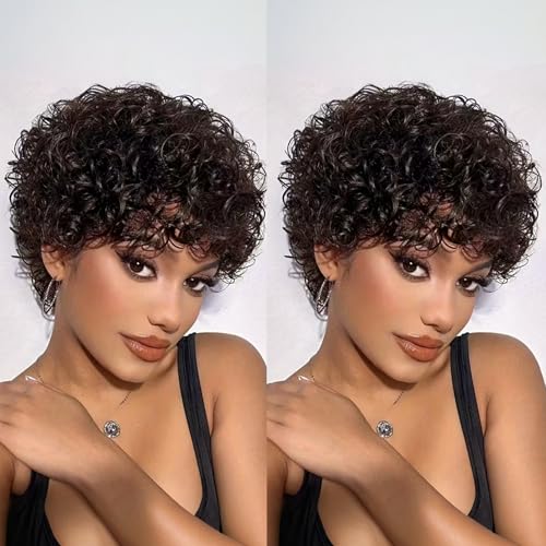 PangDongLai Pixie Cut Short Curly Human Hair Wigs for Black