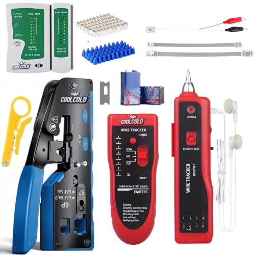 Image of COOLCOLD Networking Tool Kit - RJ45 Crimping Tool, Wire Tracker, LAN Cable Tester, 20pc Connectors, 20pc Boots & Stripping Tool | Ethernet Network Repair Kit for Cat5 /Cat6 /Cat7 Cable Installation