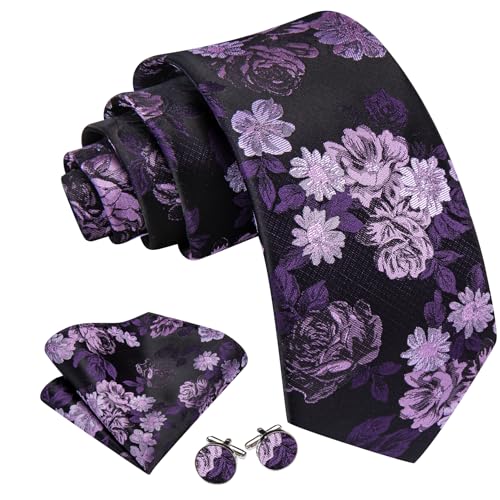 Image of Barry.Wang Flower Ties for Men Silk Woven Floral Tie Sets Necktie Handkerchief Cufflinks Wedding Party