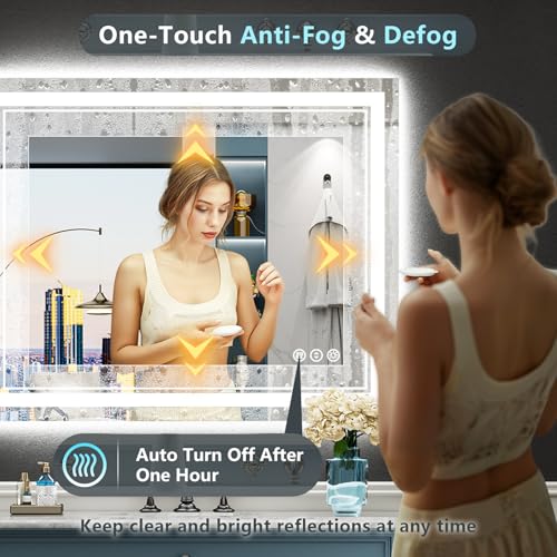 Image of 40x38 LED Bathroom Mirror with Lights, Backlit and Front Lit Anti-Fog Lighted Vanity Mirrors for Bathroom Wall, Dimmable, 3-Color Light, Memory, Shatter-Proof, HD Tempered Glass, CRI>90