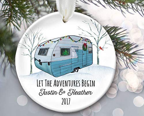 Mesllings Vintage Camper Ornament, Retro Camper, Happy Camper Glamping Gift, Let The Adventures Begin RV Decor Personalized Christmas Ornament