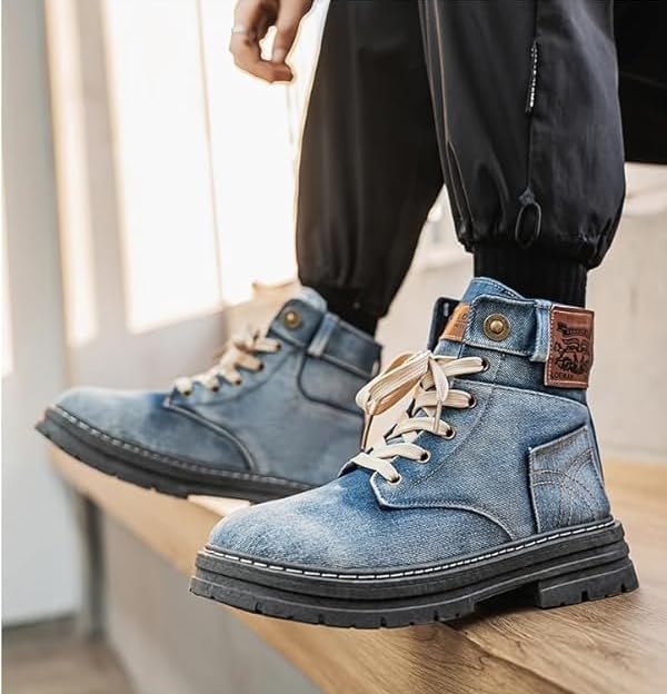Men Fashion Sneakers for Men High Top Lace-up Shiny Shoes for Motorcycle High-top Denim Large Size Sneakers