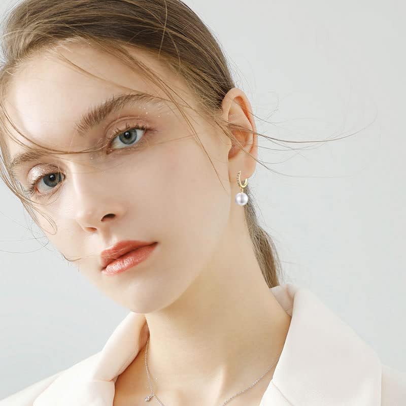 Pearl Drop Earrings for Women , 925 Sterling Silver Hoop Earrings with Cubic Zirconia  Hypoallergenic Teardrop Round Pearl Drop Dangle Earring  Jewellery Gift for Women Girls Silver &Gold