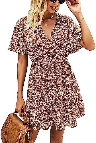KIRUNDO Women's 2023 Summer Dresses Casual Short Sleeve V Neck Ruffle Leopard Print High Waist Flowy Mini Dress with Belt(Large, Coffee, l)
