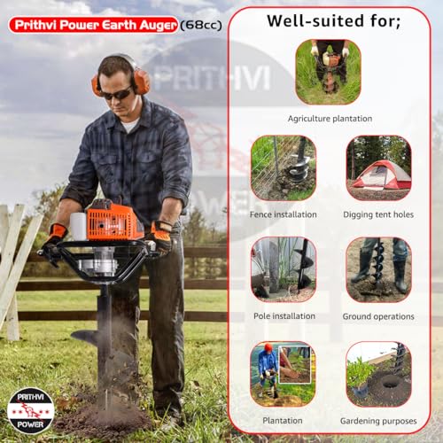 Image of Earth Auger with Powerful 68cc 2 Stroke Petrol Engine and Heavy Duty Double Spiral Planters of 8 Inch size for Digging Holes, Plantation & Fencing on Farms. FREE 2T OIL.