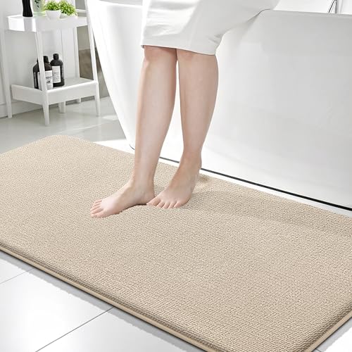 Image of OLANLY Thick Memory Foam Bathroom Runner Rugs 59x24, Extra Soft Absorbent Long Bath Rug, Quick Dry Bath Mats, Non-Slip, Machine Washable Mat for Bathroom, Tub and Shower, Home Decor Accessories, Beige