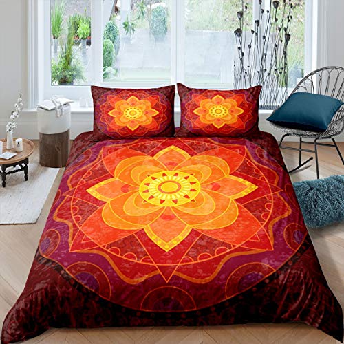 Tbrand Juego de Boho Mandala Estilo Bohemio Rojo Funda de edredón para niños,Mujeres,exóticos Estampados Florales,Funda de edredón de diseño Retro,3 Piezas,King