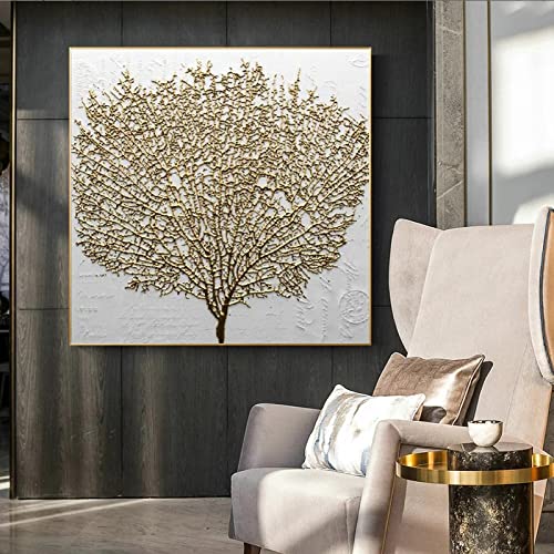 Toile Arbre Doré 80x80cm Peinture Abstraite pour Salon sans Cadre