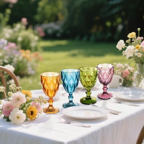 Image of 16 Pack Vintage Wine Glasses, Plastic Reusable 12 Ounce Colored Water Goblets, Unique Embossed Pattern Unbreakable Stemmed Wine Glasses, High Clear Wedding Party Bar Drinking Cups Multicolor