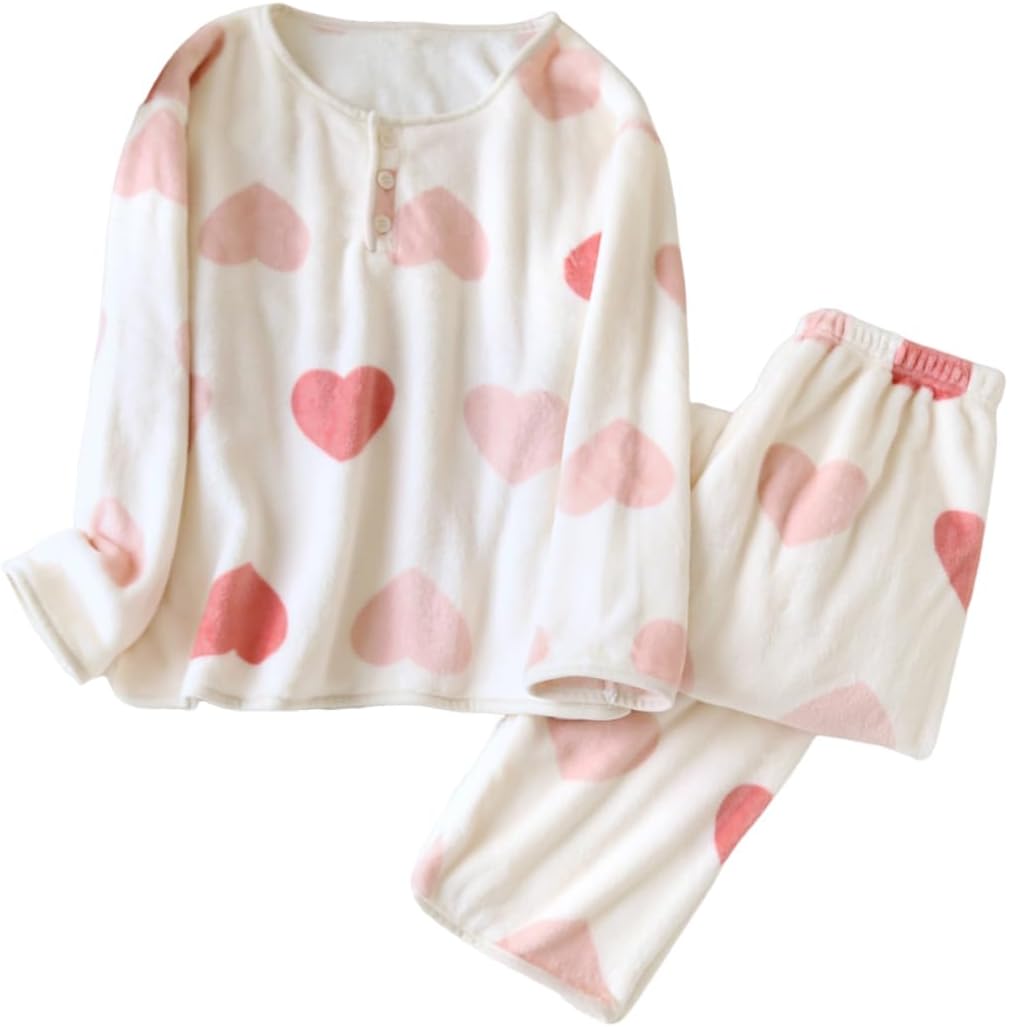 Women's 2 Piece Fleece Pajamas Set Warm Pjs Fuzzy Lounge set Cute Print Sleepwear