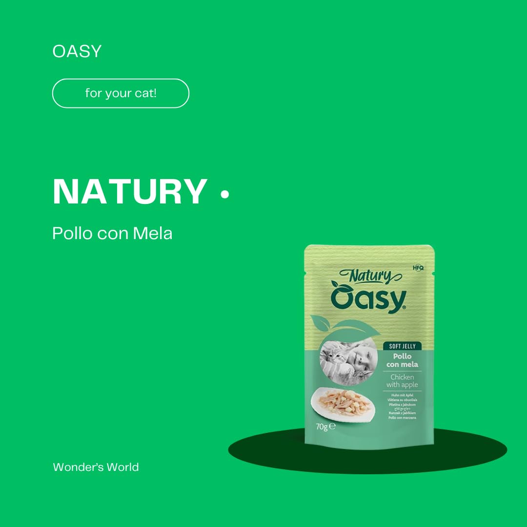 OASY Gato Natural • Pollo con manzana | Alimento húmedo complementario para gatos adultos, producto sin colorantes ni conservantes añadidos, en gelatina, 12 sobres de 70 gramos cada una.