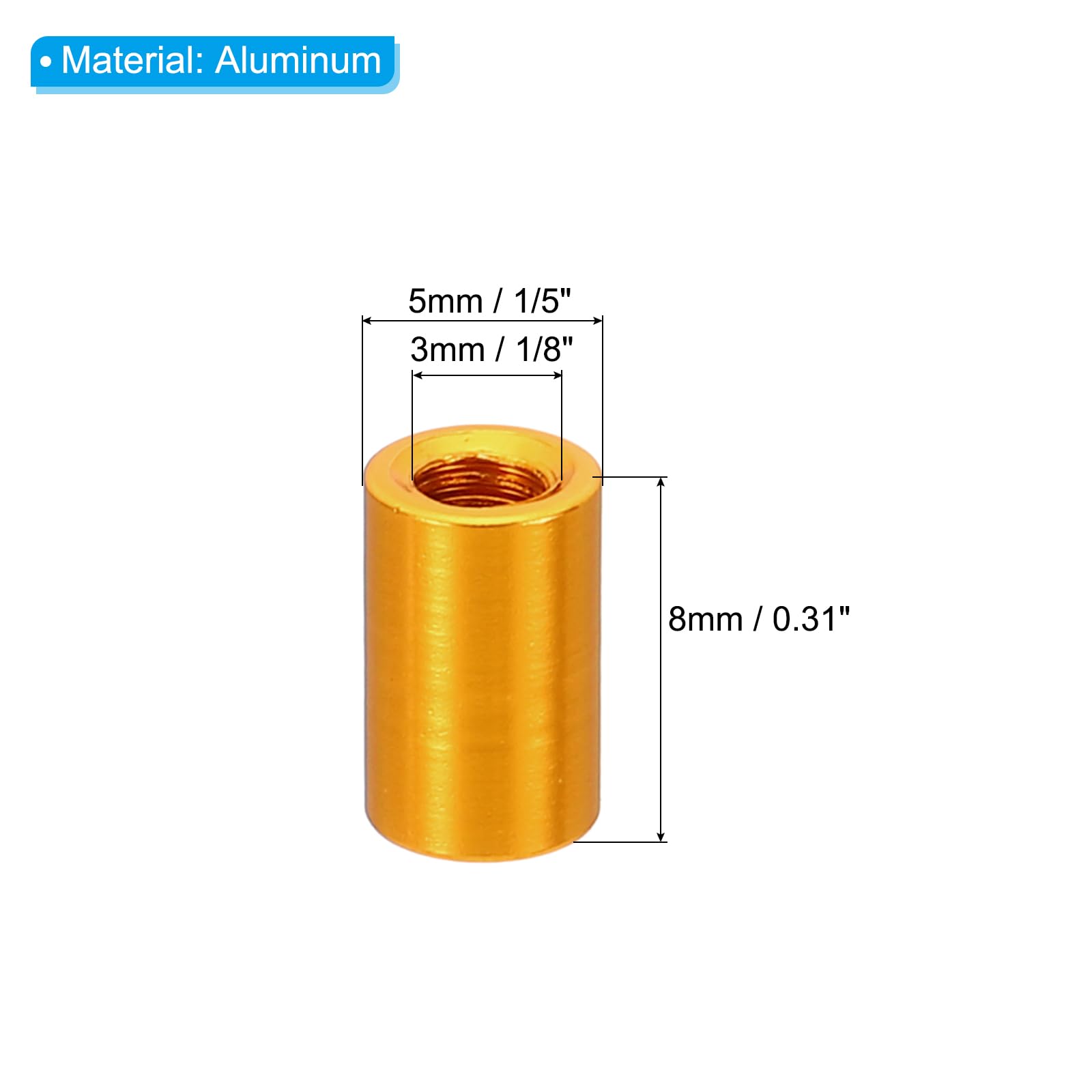 PATIKIL 12pcs M3 Metal Threaded Standoff Spacer Nuts, Round Aluminum Spacers Female Coupling Screws, 1/8" ID x 3/16" OD, Gold 3x5x8mm - Image 2