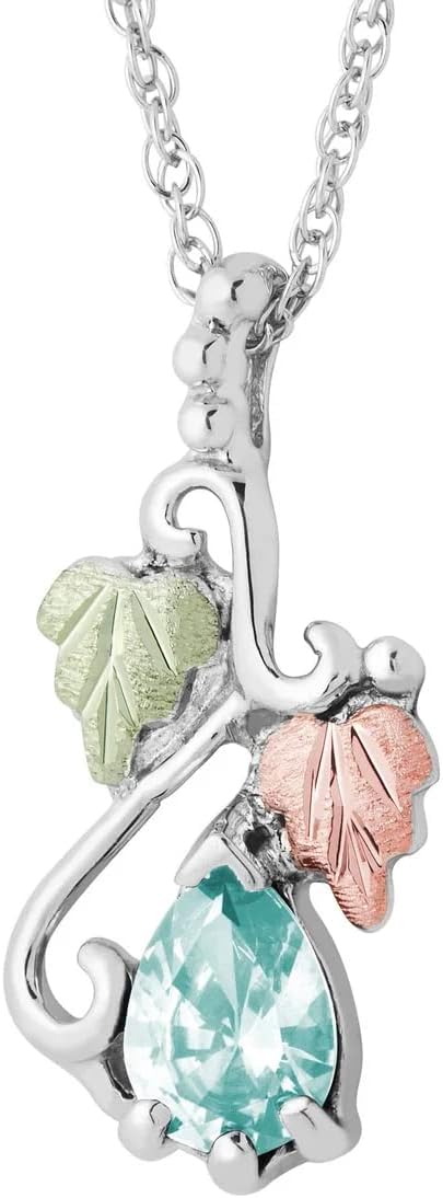 Created Aquamarine Pear March Birthstone Pendant Necklace for Women, Black Hills Gold & Sterling Silver, 12k Green & Rose Gold Grape Leaves, Pear Aquamarine, 18" Chain, Elegant Birthstone Jewelry