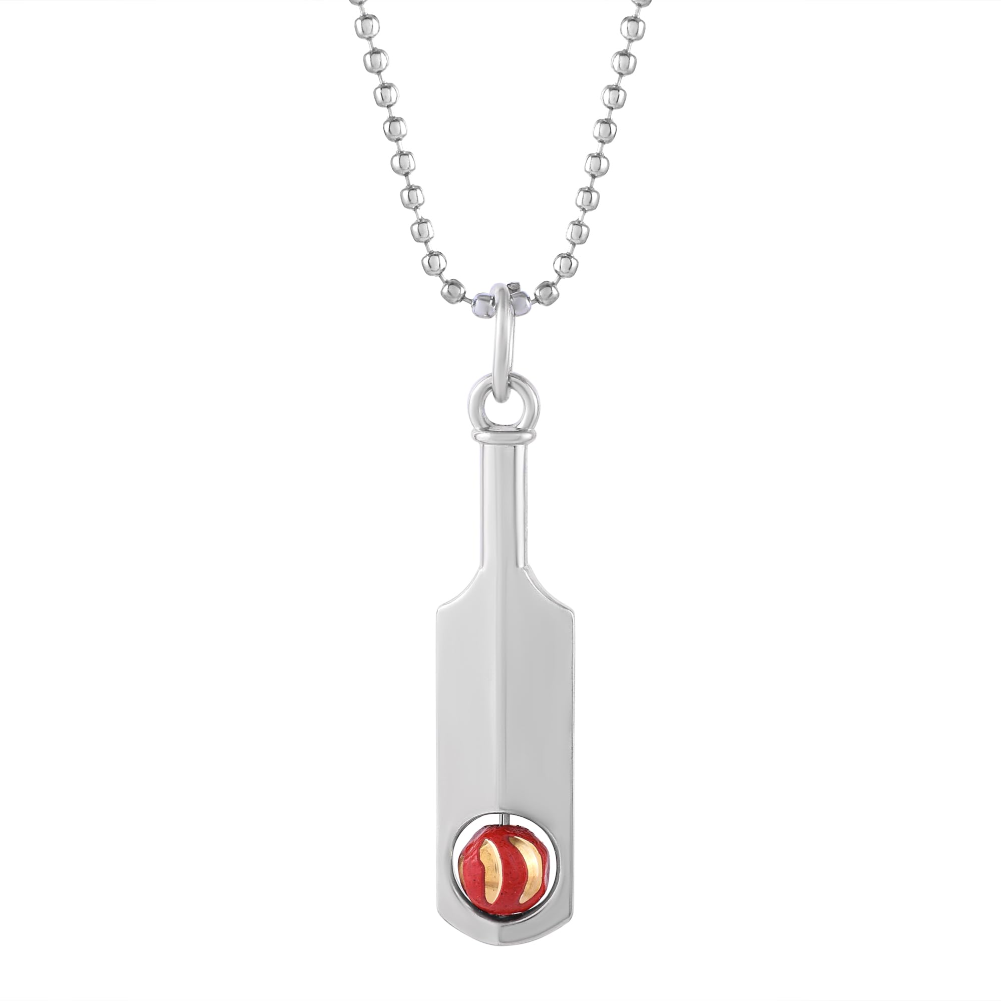 Silver Plated Brass Cricket Bat with Rotating Ball Locekt Pendant Chain Necklace Jewellery For Men Women