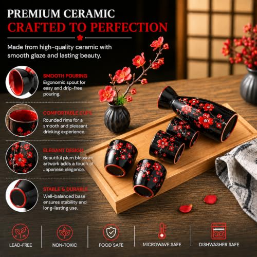 Image of Melbify Japanese Sake Cherry Blossom Design Set | 1 Pc Sake Bottle(180 ml) & 4 Pc Sake Cup(45 ml) | Traditional Craftsmen's Hand Painted Design | Tokkuri Carafe & Cups | Ceramic Serving Gift Set