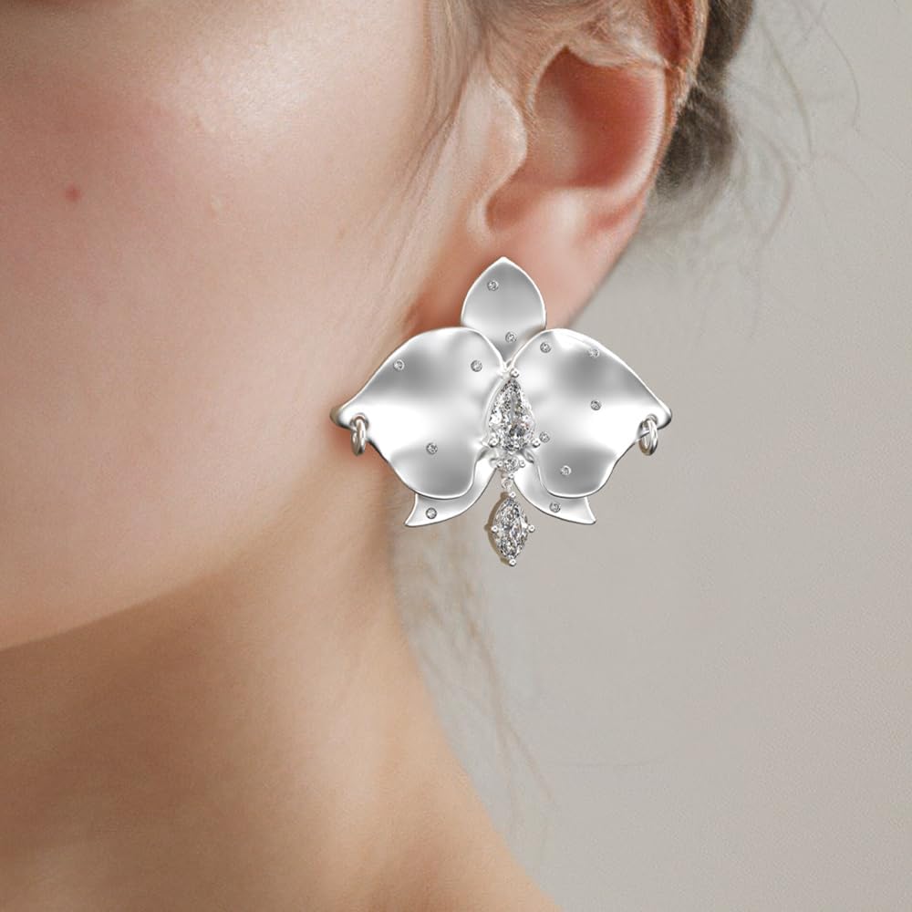 Gold Plated and Cubic Zircornia Orchid Flower Unique Stud Earrings丨 925 Sterling Silver Posts丨 Large Plant-Themed Butterfly Blossom Design丨Hypoallergenic Statement Jewelry Gift for Her Mom Women Wife
