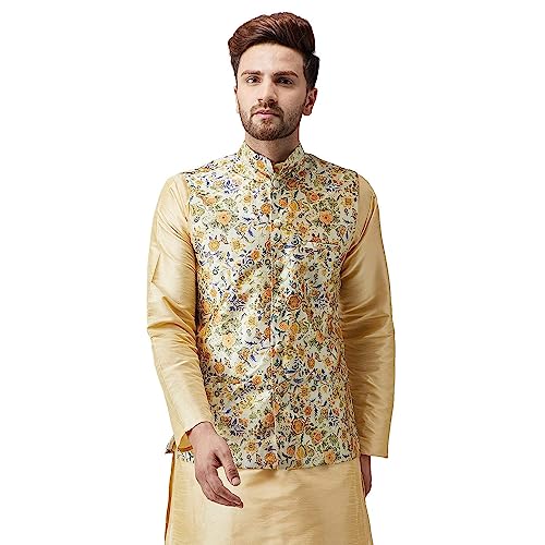 Men's Silk Vests Floral Printed Waistcoat Indian Wedding Festival and Casual Party Wear Slim Fit Sleeveless Vest for Men