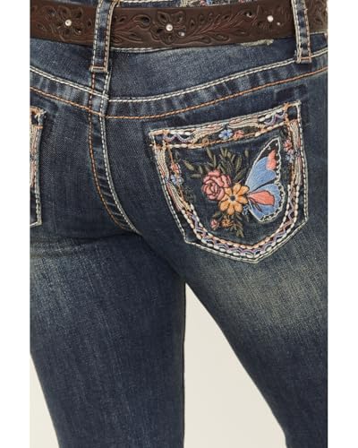 Grace in LA Girls' Medium Wash Floral Butterfly Pocket Bootcut Stretch Denim - GB61882 7 REG2