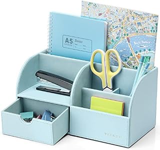 Vlando Multifunctional Desk Organiser Set, Pu Leather Stationery Holder Storage with Slide Drawer for Office, School and Home Use (Grey)