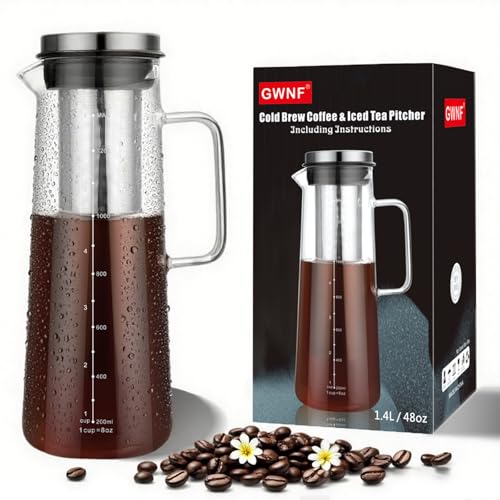 Comparison: Best Airtight Cold Brew Iced Coffee Maker 8 GWNF- Cold Brew Coffee Maker & Iced Tea Pitcher, 1.4L/48oz Glass Carafe with Filter, Airtight & Wide Spout, Fridge Door Fit & Dishwasher Safe, Full Rich Bean Flavor