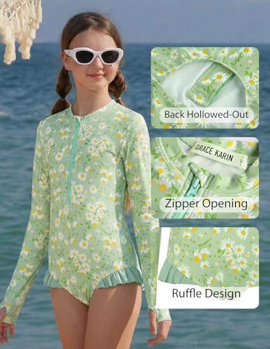 Image of GRACE KARIN Girls One Piece Swimsuits Long Sleeve Bathing Suits Swimwear 5-14Y