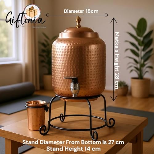 Image of 5 Litre Pure Copper Water Dispenser with Stand & 1 Copper Glass | Pure Copper Matka /Container Pot for Drinking Water Hammered | Ayurvedic Health Benefits (5000 ml)