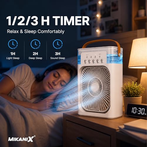 Image of MIKANIX Mini Cooler Fan for Room, Kitchen, Home & Office Desk | USB Cable, 3 Wind Speed Mode with Cooling Misting Fan (White)