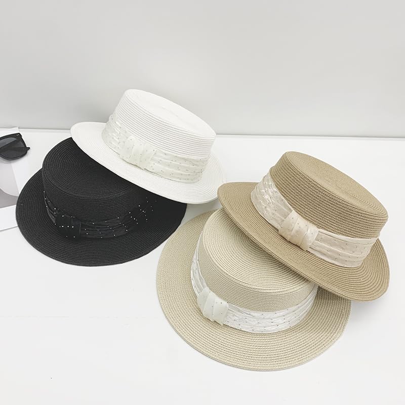 Sombrero de Paja de ala Ancha y Plana para Mujer,Sombrero de Playa con Tul y Diamantes de Imitación,Suave,Ligero y Transpirable