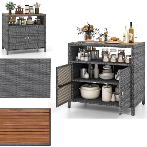 GYMAX Armoire Buffet Extérieur en Rotin, Meuble Rangement Étanche, Grand Plateau 90x53cm en Bois d'Acacia, pour Barbecue Cuisine Balcon Jardin (Gris)
