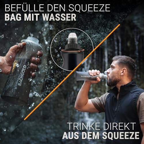 Bachgold® Squeeze Wasserfilter Outdoor – Ultraleichter Trinkwasserfilter mit Virus-Filtration für Camping, Survival, Notfall, Bushcraft | Filtert Viren, Bakterien & Mikroplastik (Grau, 1000ml)