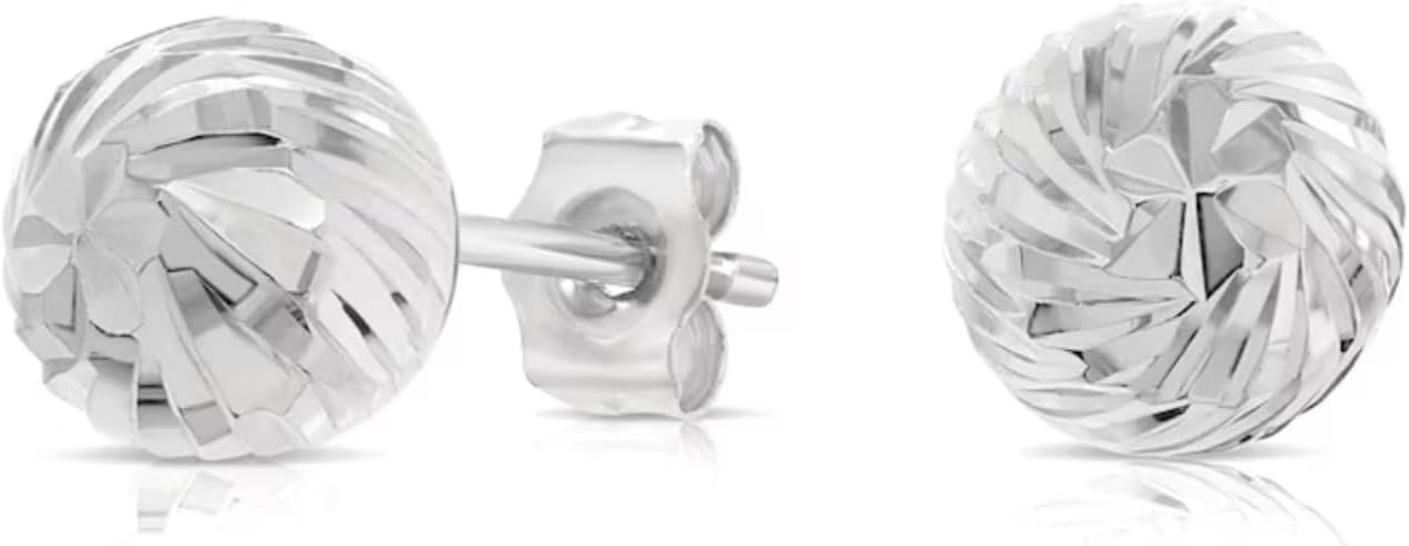 14K White Gold Diamond-cut Ball Stud Earrings with Spiral Hand Engraving, Secure Push-Backing…