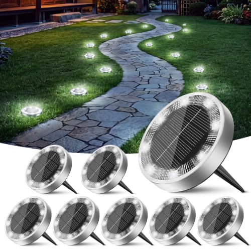 Peasur Solar Lights Outdoor Waterproof 8 Pack Solar Powered Ground Lights Outdoor IP68 Waterproof Anti-Rust Solar Garden Lights Landscape Lighting for Pathway Yard Lawn Walkway Driveway Cool White