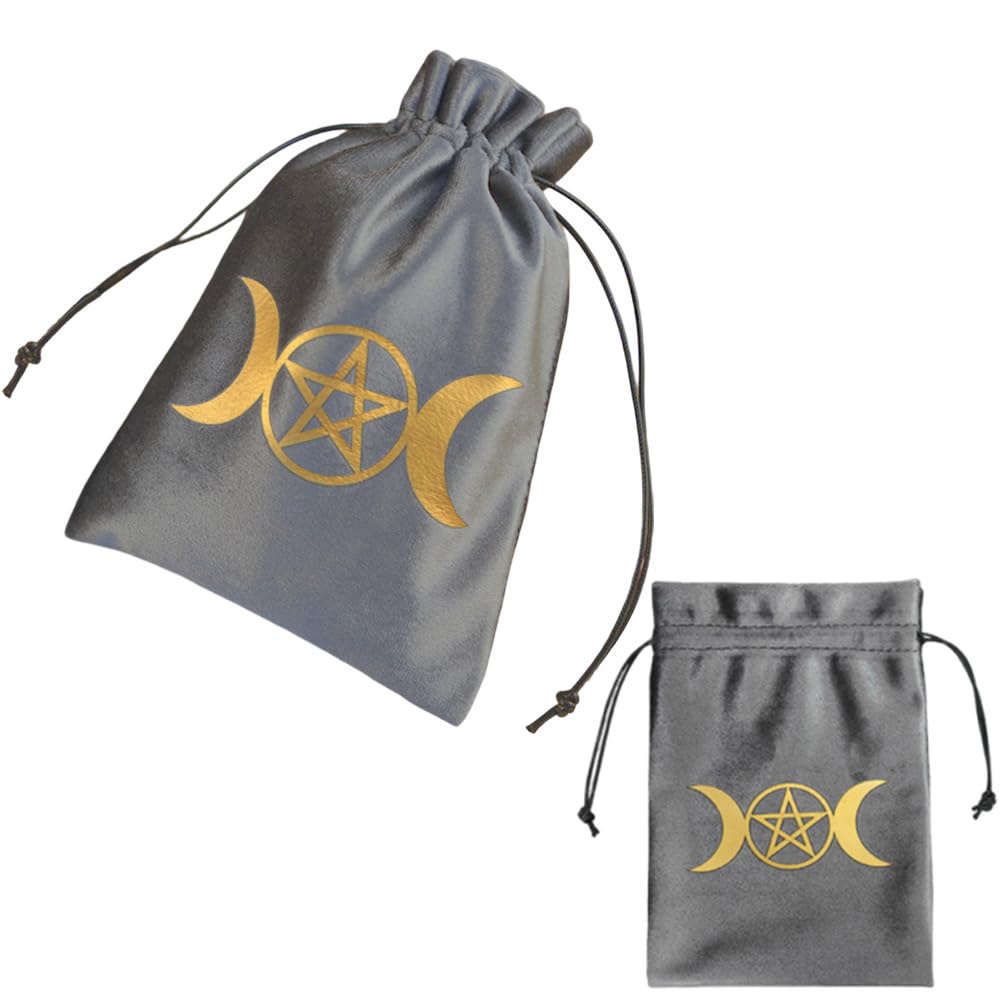CREATCABIN 2Pcs Velvet Storage Bag Tarot Cards Bags Pouches Drawstrings Bags Tarot Cards Dice Deck Holder Pouches Gray Moon Jewelry Wrap Bags for Crystals Witchcraft Divination Supplies 5x6Inch