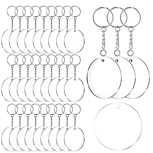 CUNZHE Llavero Acrílico en Blanco, 40 Discos de Ccrílico Transparente Circular y 40 Llaveros Llavero Colgante Redondo Transparente para Proyectos de Bricolaje y Manualidades