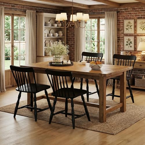 Image of COSTWAY Windsor Chairs Set of 4, Armless Solid Wood Dining Chairs with Spindle Backs, Mid-Century Modern Kitchen Side Chair for Dining Room, Kitchen, Small Space (Black)