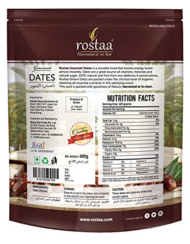 Image of Rostaa Cash & Carry Omani Dates (680g) | Premium Farm Fresh Omani Khajur | Naturally Sweet | Healthy & Nutritious Snack | Rich in Fiber, Vitamins & Minerals | Gluten Free, Non-GMO & Vegan